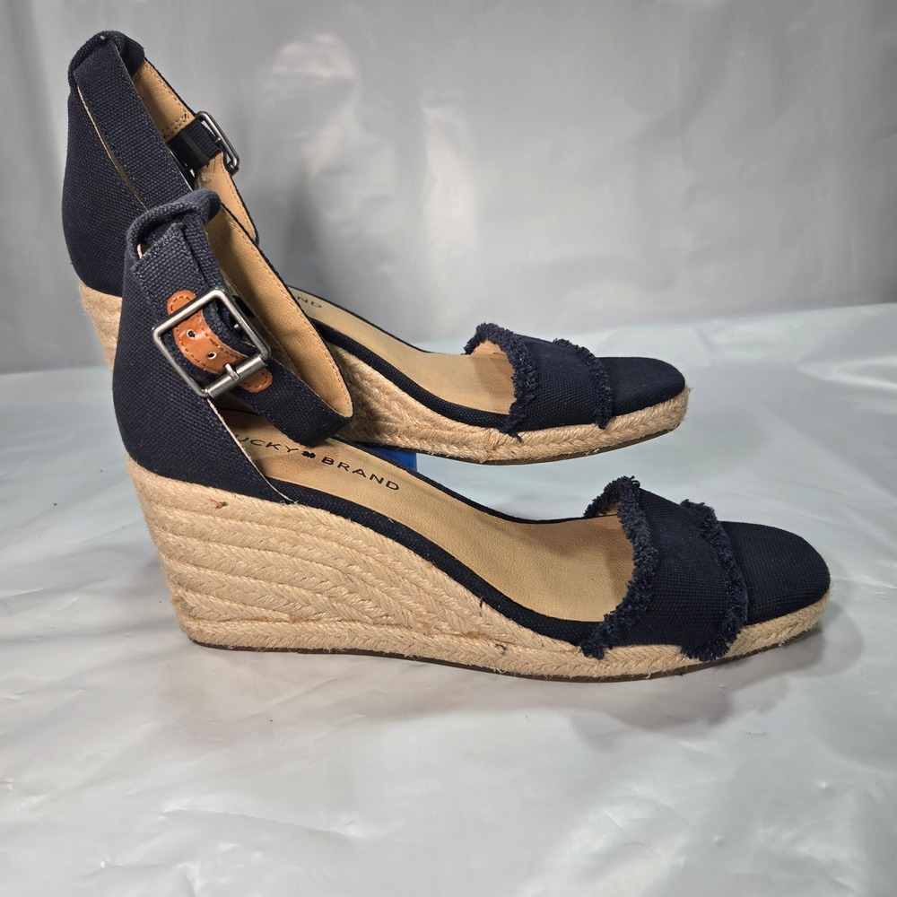 Sandals Wedge Shoes Womens Lucky Brand Menika Navy Blue Canvas Espadrille 8M